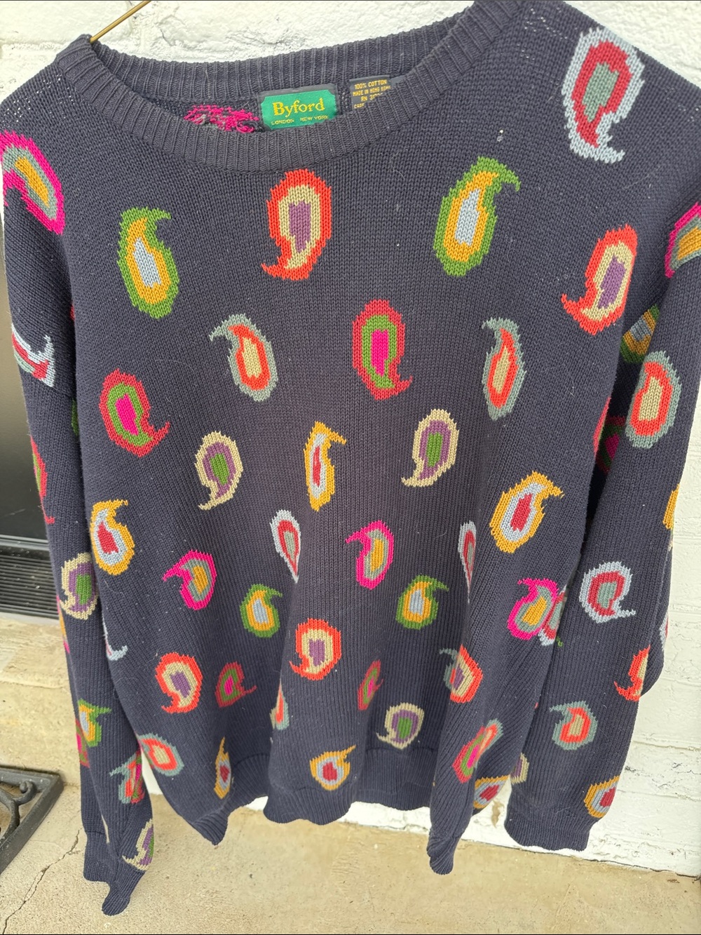 Byford golf unisex Navy Crewneck Sweater with Multicolor Paisley Knit Medium